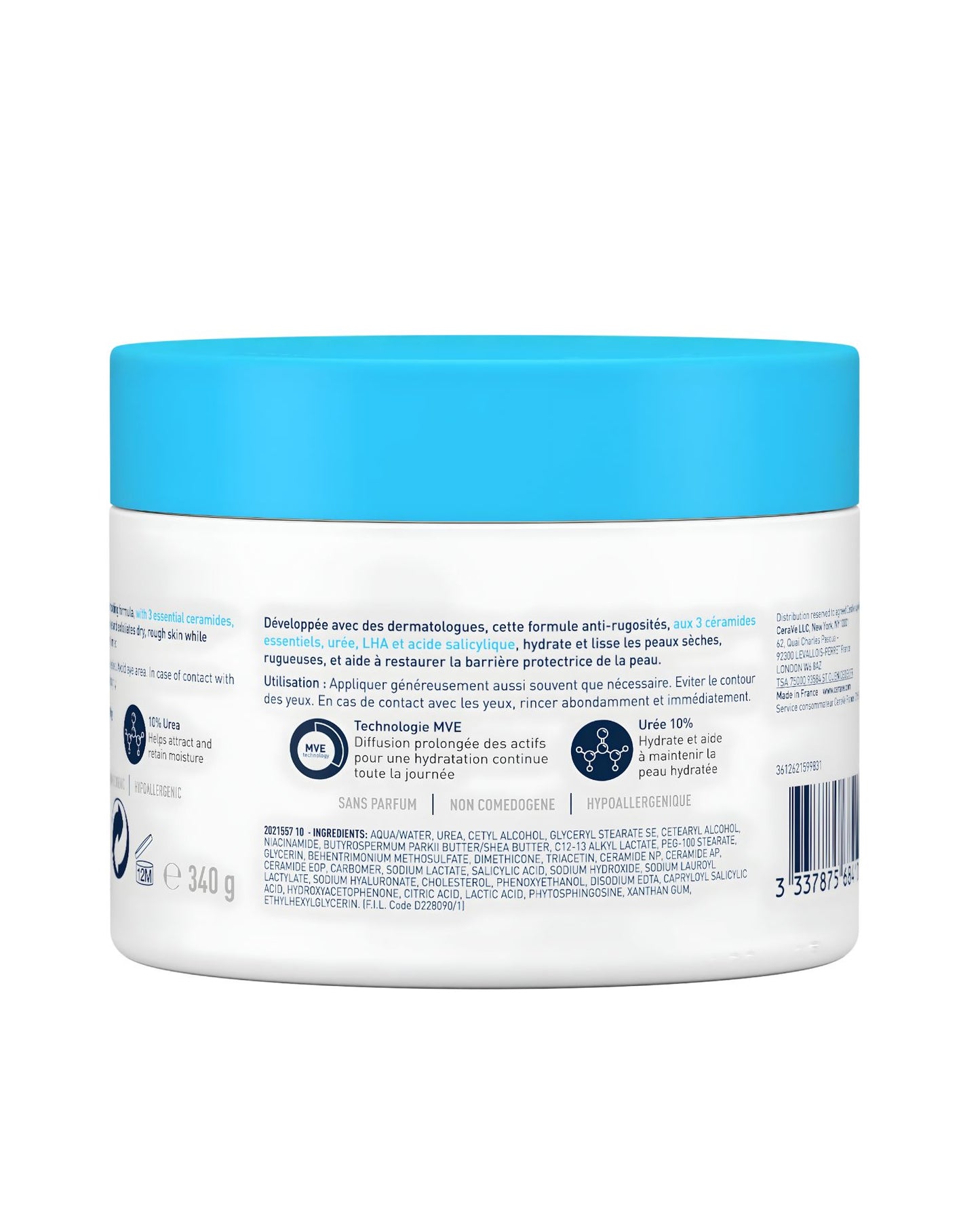 Back view of the CeraVe SA Smoothing anti rough Cream jar showing the French language label, ingredients list, and key features like MVE Technology and 10% Urea.