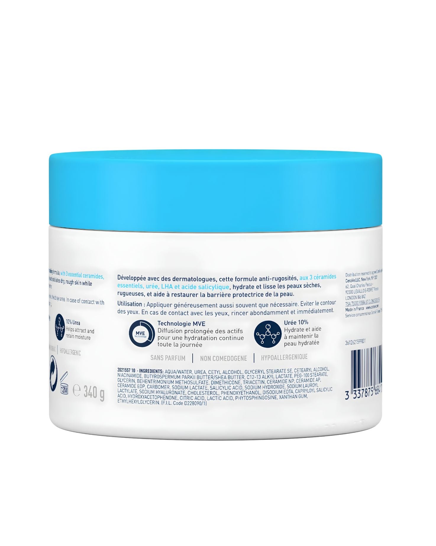 Back view of the CeraVe SA Smoothing anti rough Cream jar showing the French language label, ingredients list, and key features like MVE Technology and 10% Urea.
