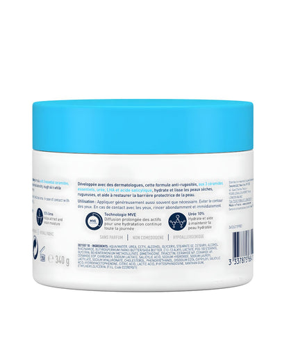Back view of the CeraVe SA Smoothing anti rough Cream jar showing the French language label, ingredients list, and key features like MVE Technology and 10% Urea.