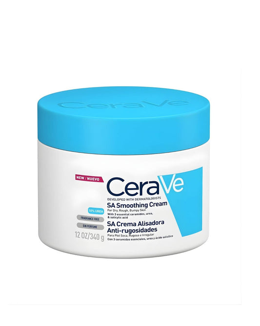 A white tub of CeraVe SA Smoothing Anti Rough Cream, 12 oz (340g), with a blue lid. The label indicates it contains 10% Urea and Salicylic Acid for rough and bumpy skin.