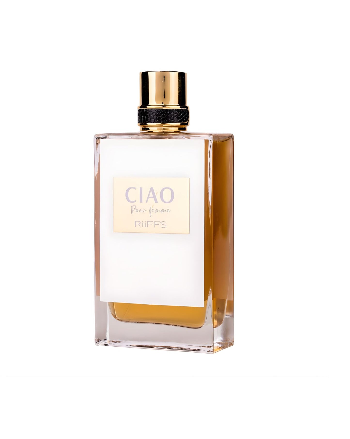 A rectangular glass bottle of Ciao Pour Femme EDP perfume by Riiffs, featuring amber-colored liquid, a white label with gold lettering, and a polished gold cap with a black textured band.