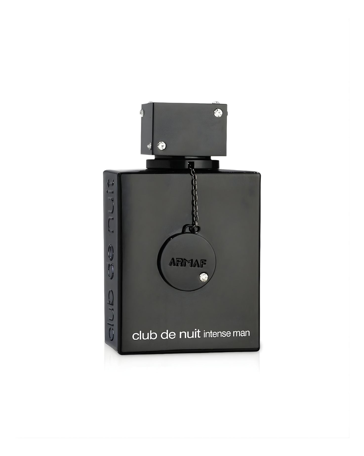 A sleek, rectangular, all-black Armaf Club de Nuit Intense Man perfume bottle, featuring a decorative round tag, and a square cap adorned with small clear jewel accents, isolated against a white background.