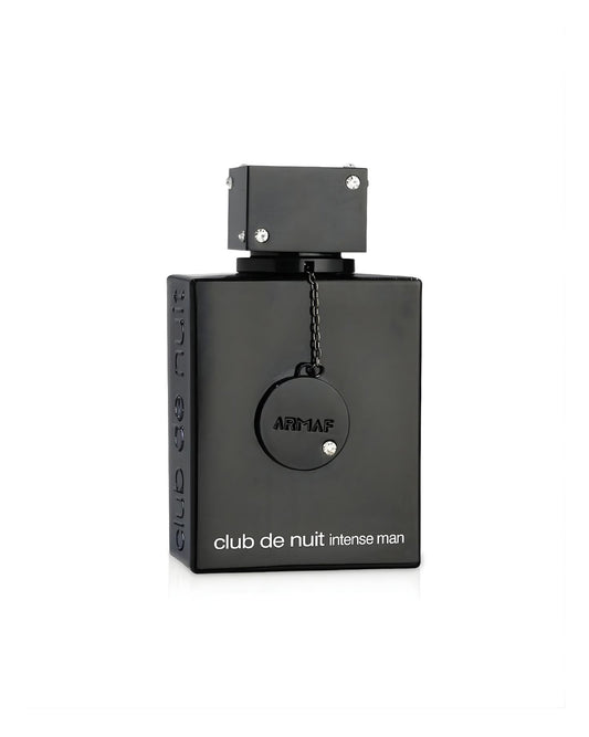A sleek, rectangular, all-black Armaf Club de Nuit Intense Man perfume bottle, featuring a decorative round tag, and a square cap adorned with small clear jewel accents, isolated against a white background.