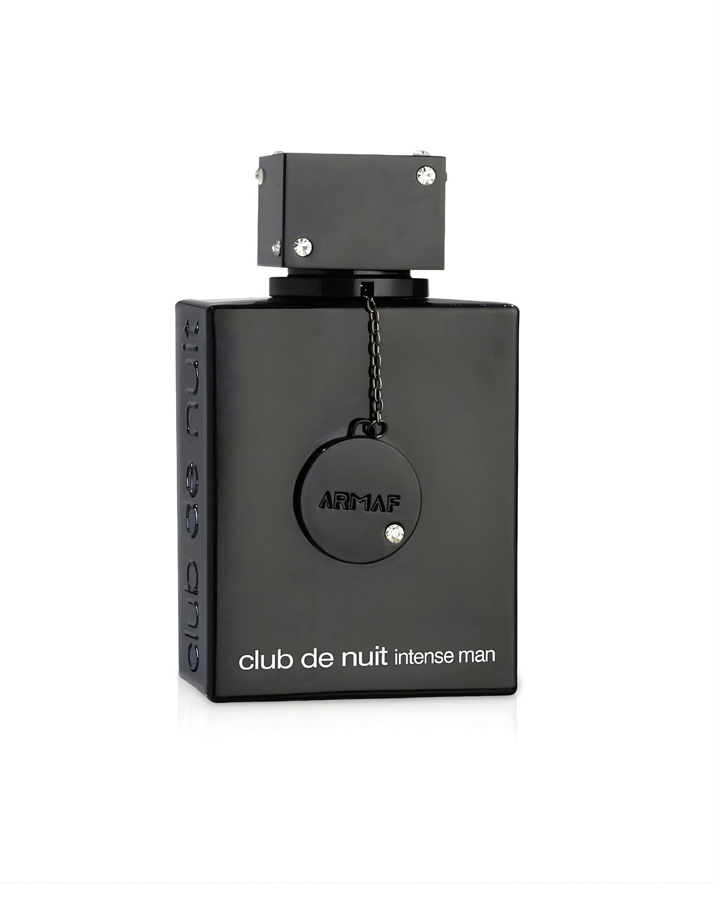 A sleek, rectangular, all-black Armaf Club de Nuit Intense Man perfume bottle, featuring a decorative round tag, and a square cap adorned with small clear jewel accents, isolated against a white background.