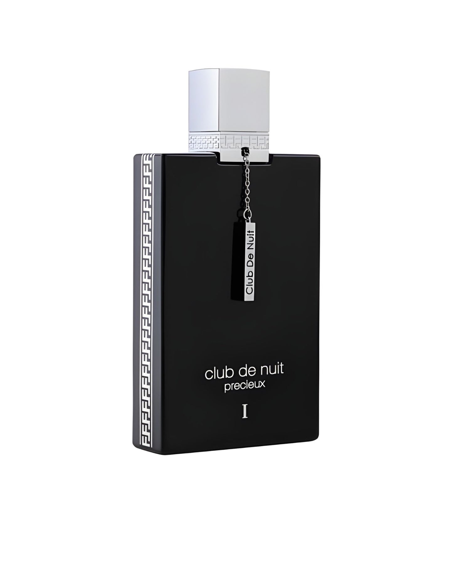 A striking black square-shaped perfume bottle from the Armaf Club De Nuit Precieux 1 EXdp line, featuring a silver cap and a hanging tag with the 'Club De Nuit' logo.