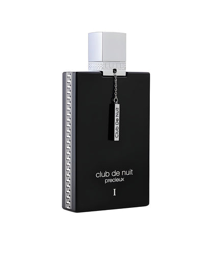 A striking black square-shaped perfume bottle from the Armaf Club De Nuit Precieux 1 EXdp line, featuring a silver cap and a hanging tag with the 'Club De Nuit' logo.