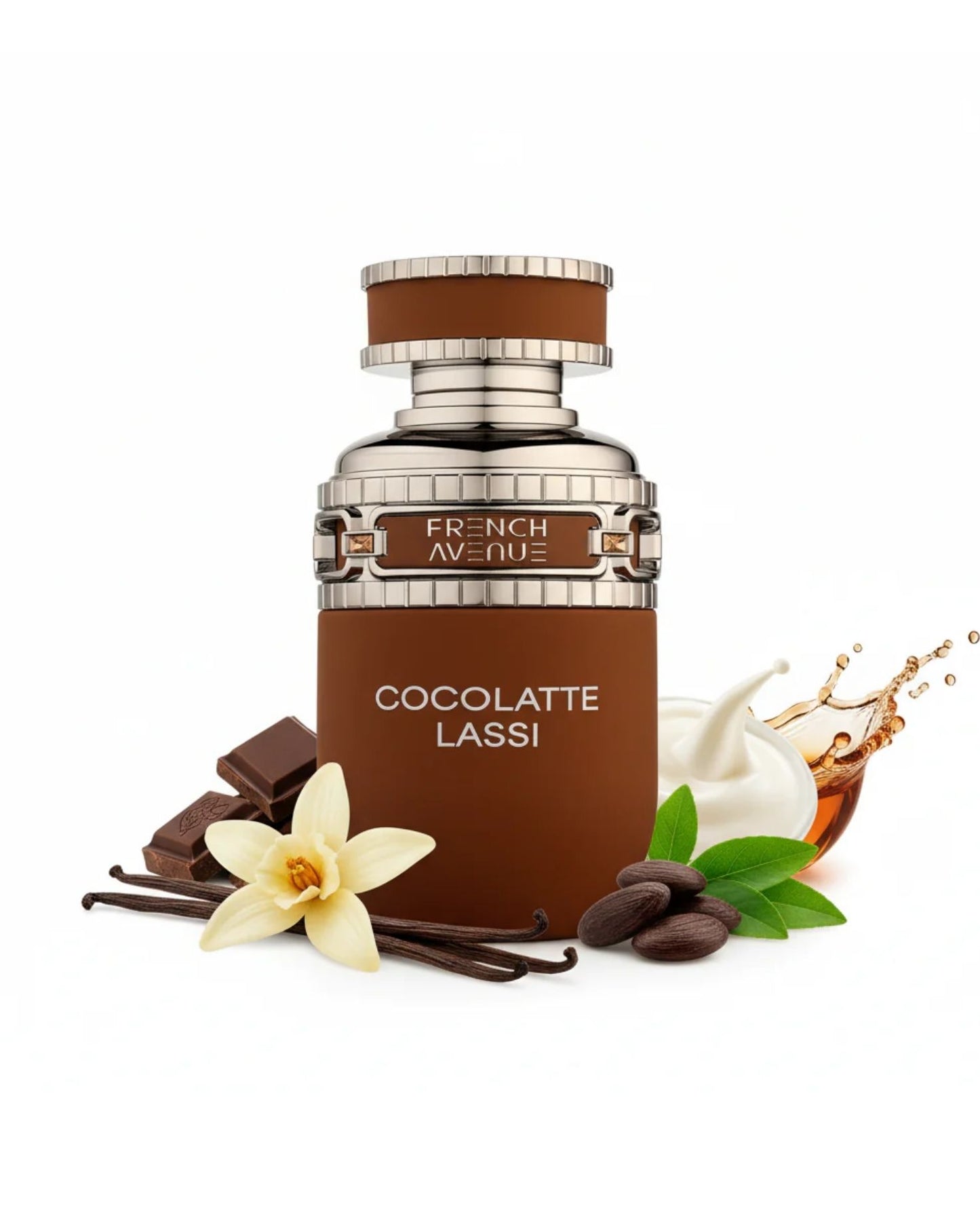 Cocolatte Lassi perfume bottle surrounded by scent notes including dark chocolate, vanilla beans, and cream.