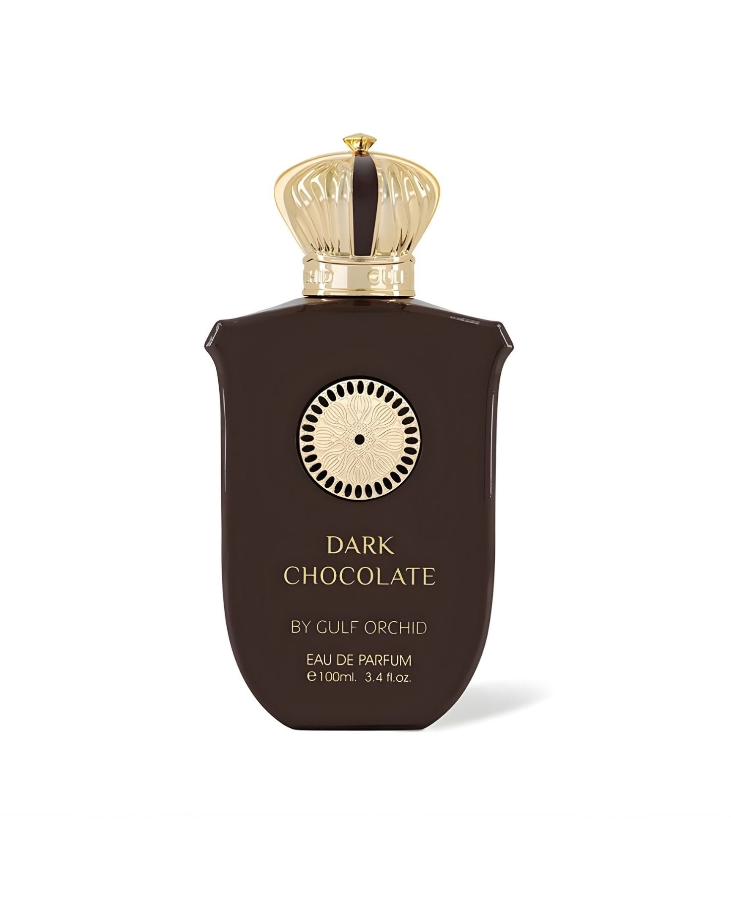 Dark Chocolate Eau de Parfum by Gulf Orchid in a 100ml chocolate-brown bottle with a gold crown-shaped cap.