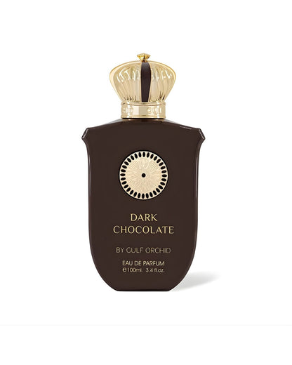 Dark Chocolate Eau de Parfum by Gulf Orchid in a 100ml chocolate-brown bottle with a gold crown-shaped cap.