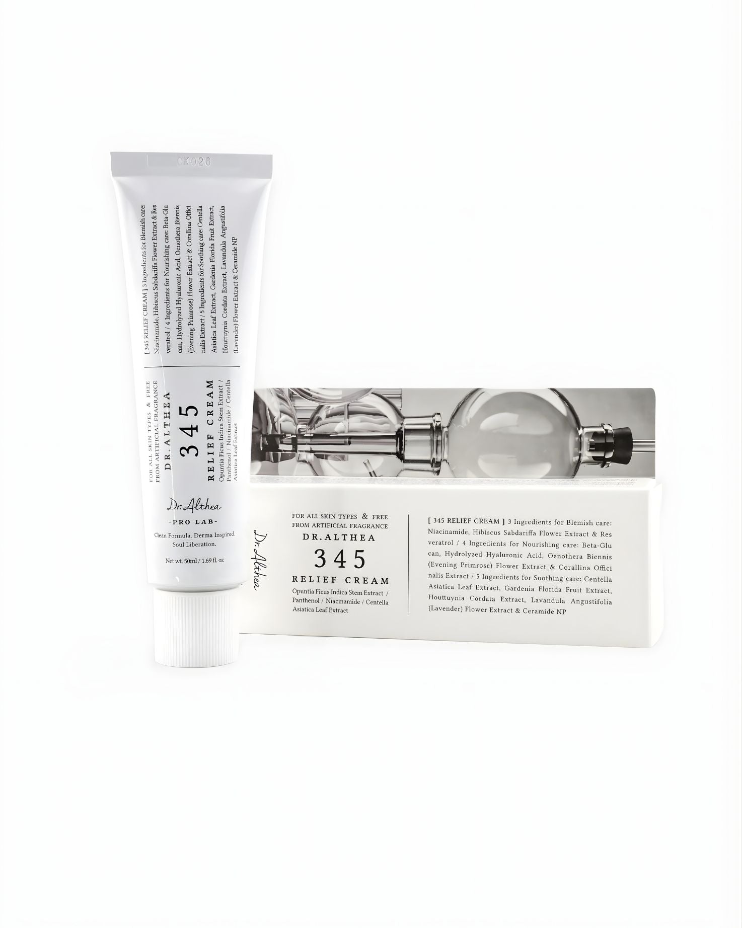 Dr. Althea 345 Relief Cream tube resting on its product box, showing the key ingredients for blemish care like Niacinamide, Centella Asiatica, and Ceramide NP.