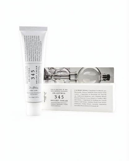Dr. Althea 345 Relief Cream tube resting on its product box, showing the key ingredients for blemish care like Niacinamide, Centella Asiatica, and Ceramide NP.