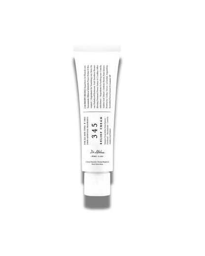 White tube of Dr. Althea 345 Relief Cream, a clean formula, derm-inspired skincare product. The label lists key ingredients like Niacinamide and Centella Asiatica.