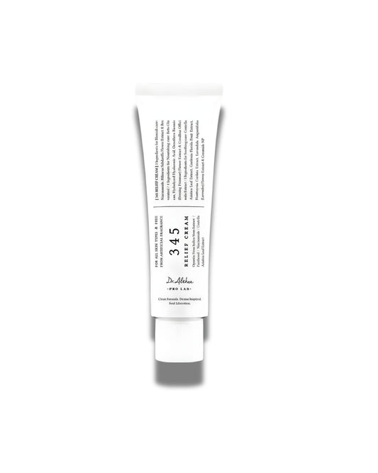 White tube of Dr. Althea 345 Relief Cream, a clean formula, derm-inspired skincare product. The label lists key ingredients like Niacinamide and Centella Asiatica.
