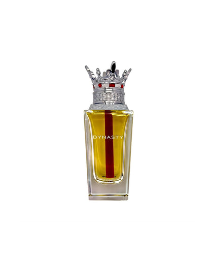 A clear, square perfume bottle with yellow liquid, featuring a vertical red stripe through the center. The bottle is topped with a detailed silver and red crown cap and has the word LATTAFA DYNASTY EDP written on the glass.