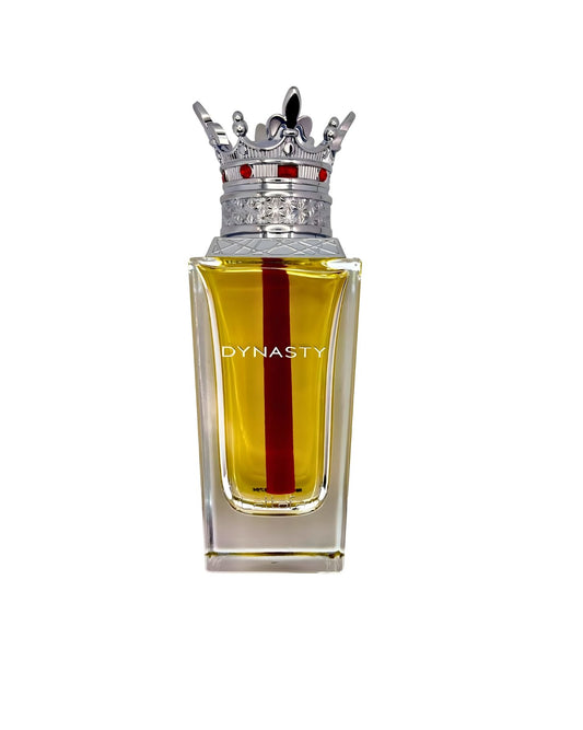 A clear, square perfume bottle with yellow liquid, featuring a vertical red stripe through the center. The bottle is topped with a detailed silver and red crown cap and has the word LATTAFA DYNASTY EDP written on the glass.