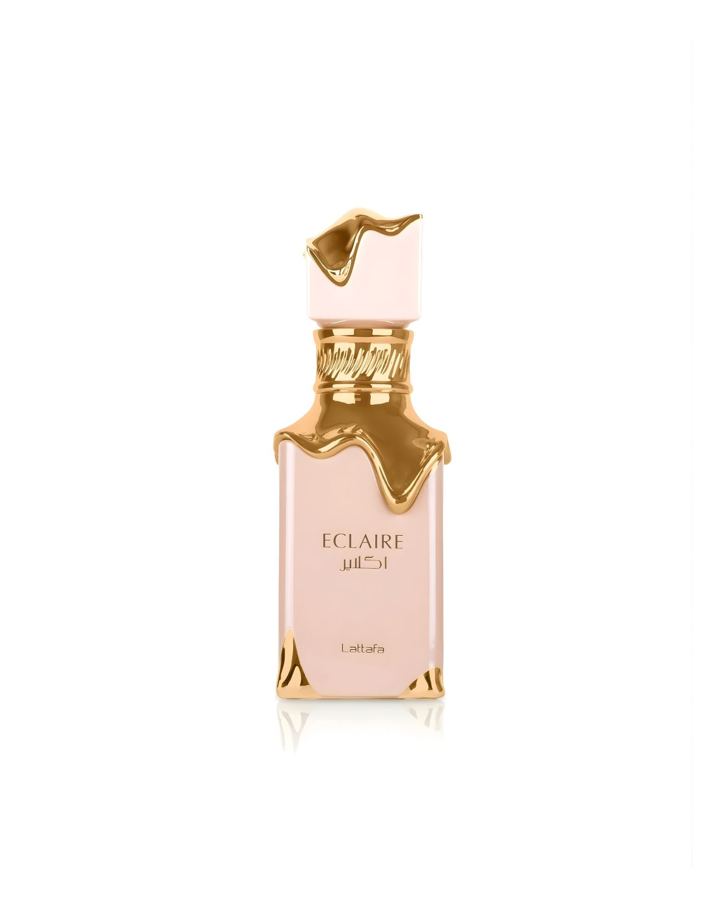 A pale pink rectangular Lattafa Eclaire perfume bottle featuring a highly stylized gold design that appears to be dripping or melting down from the neck and cap, set against a white background.