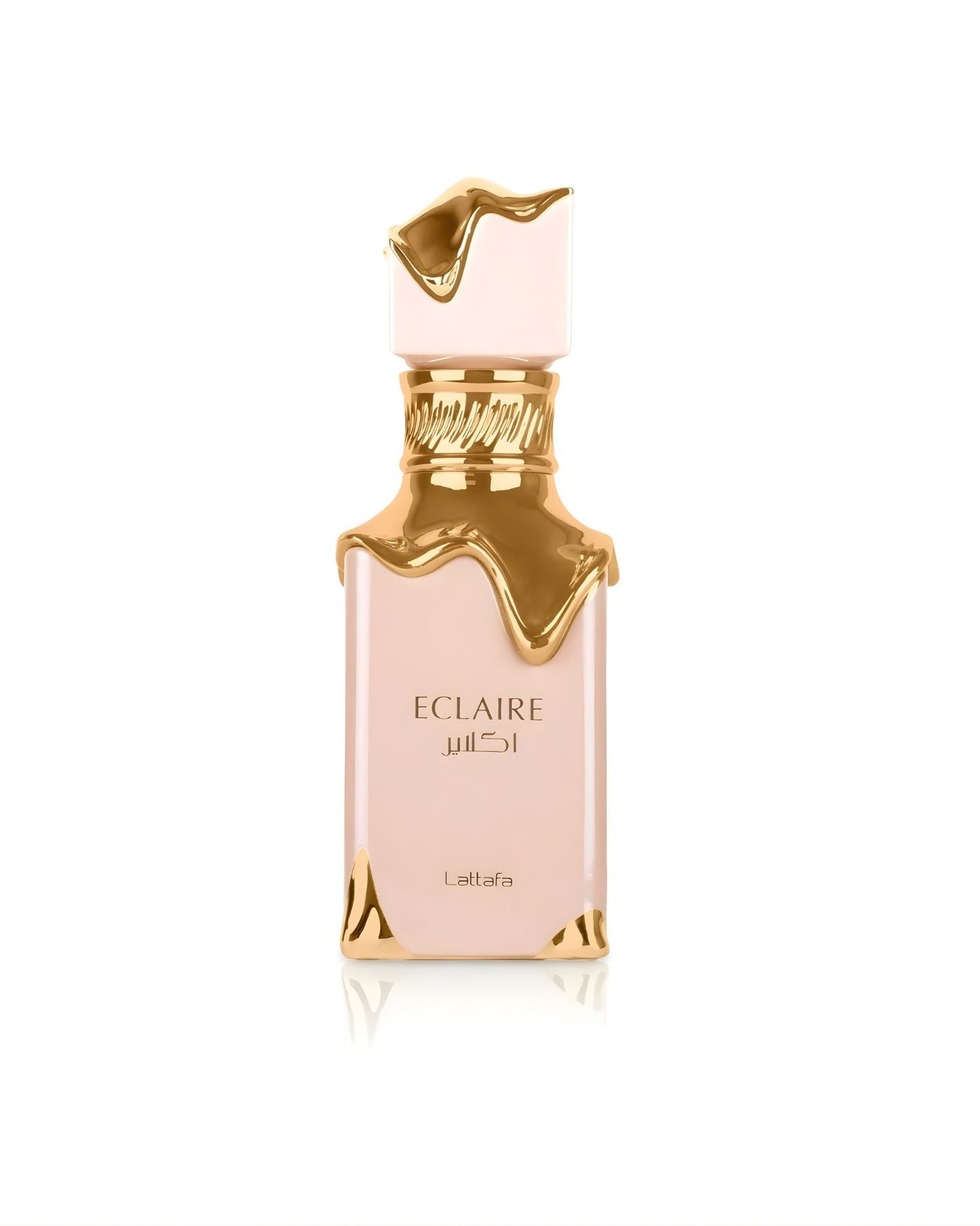 A pale pink rectangular Lattafa Eclaire perfume bottle featuring a highly stylized gold design that appears to be dripping or melting down from the neck and cap, set against a white background.
