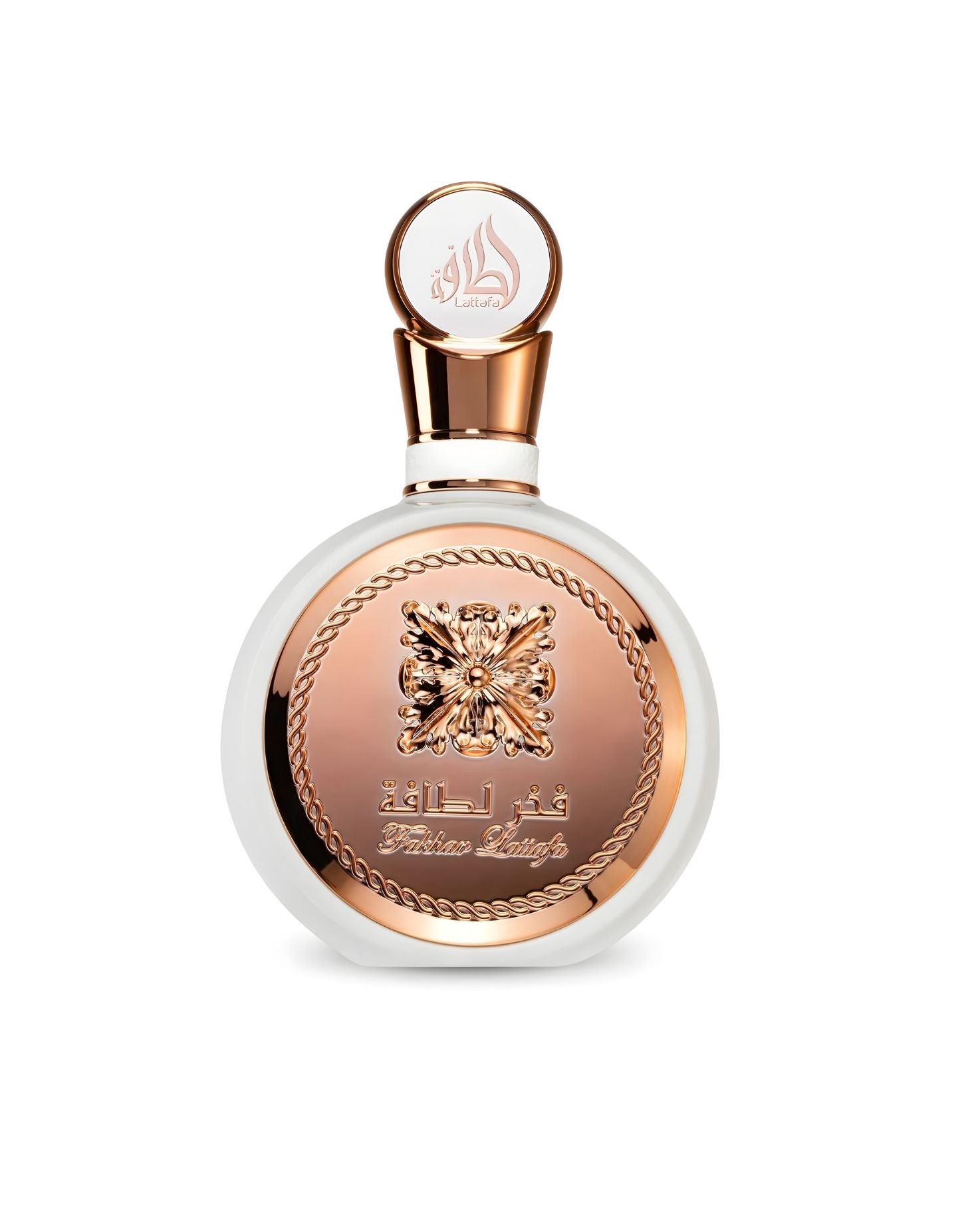 A sleek, circular Lattafa "Fakhar Lattafa" perfume bottle, featuring a white body encased by a striking rose gold panel with an ornate central emblem and chain-link border, against a white background.