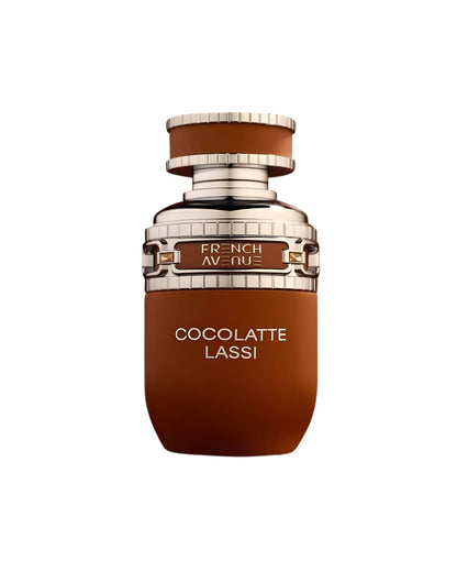 Luxury bottle of Cocolatte Lassi by French Avenue, featuring a matte brown finish and ornate silver metallic accents.