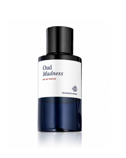 Fragrance World Oud Madness Eau de Parfum bottle with a blue glass base and white label.