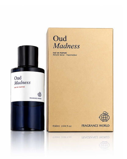 Fragrance World Oud Madness Eau de Parfum 60ml bottle standing next to its gold packaging box.