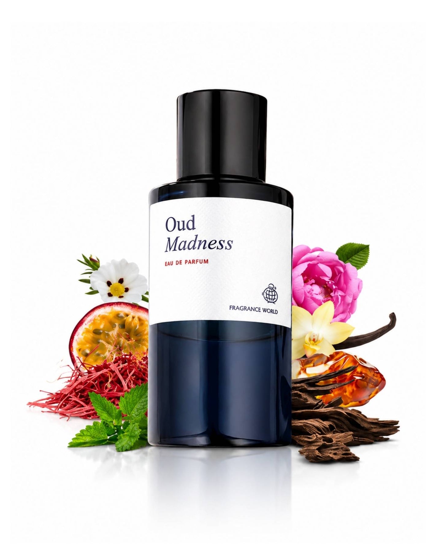 Fragrance World Oud Madness perfume bottle surrounded by key ingredients like passionfruit, saffron, rose, mint, and wood.