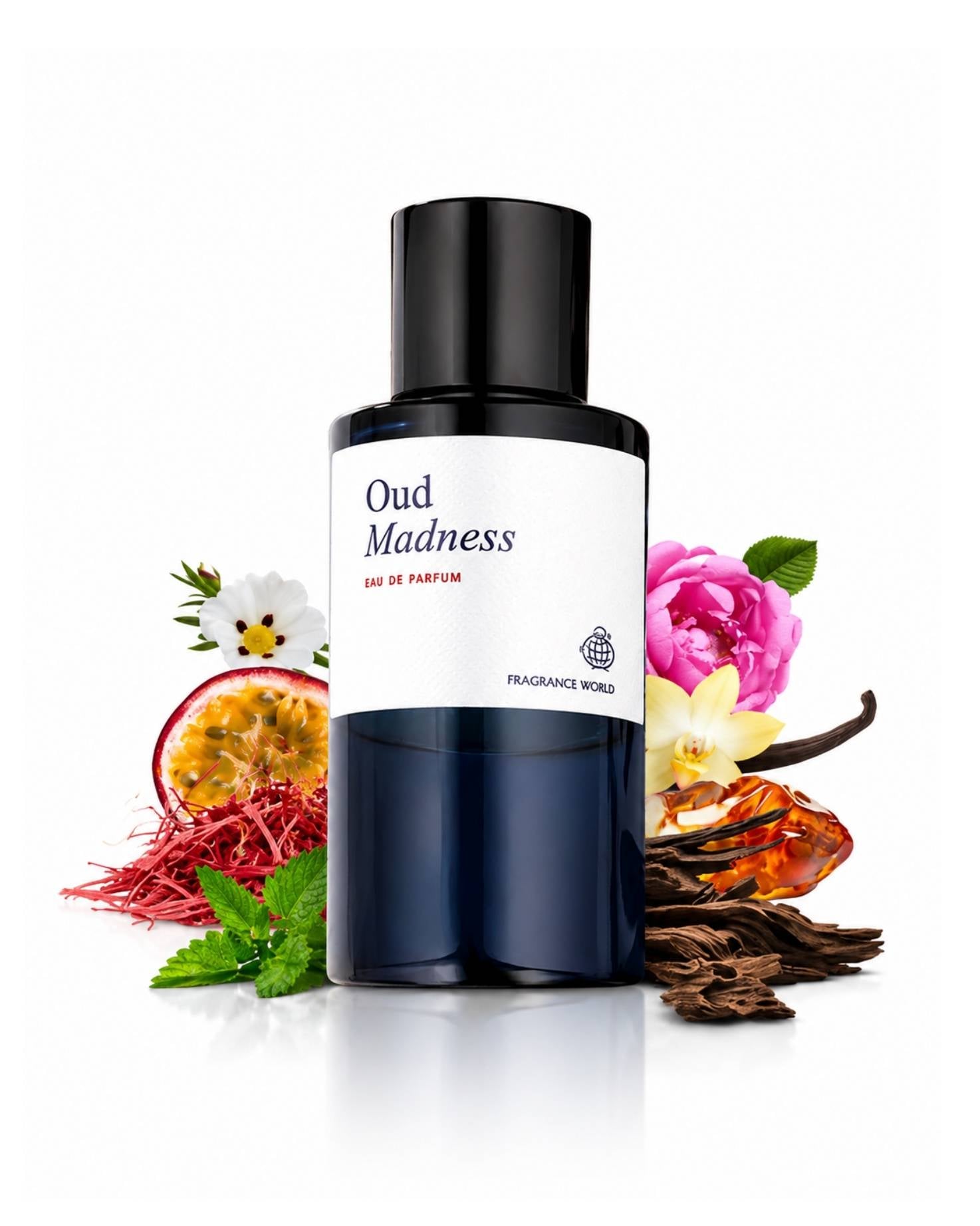 Fragrance World Oud Madness perfume bottle surrounded by key ingredients like passionfruit, saffron, rose, mint, and wood.