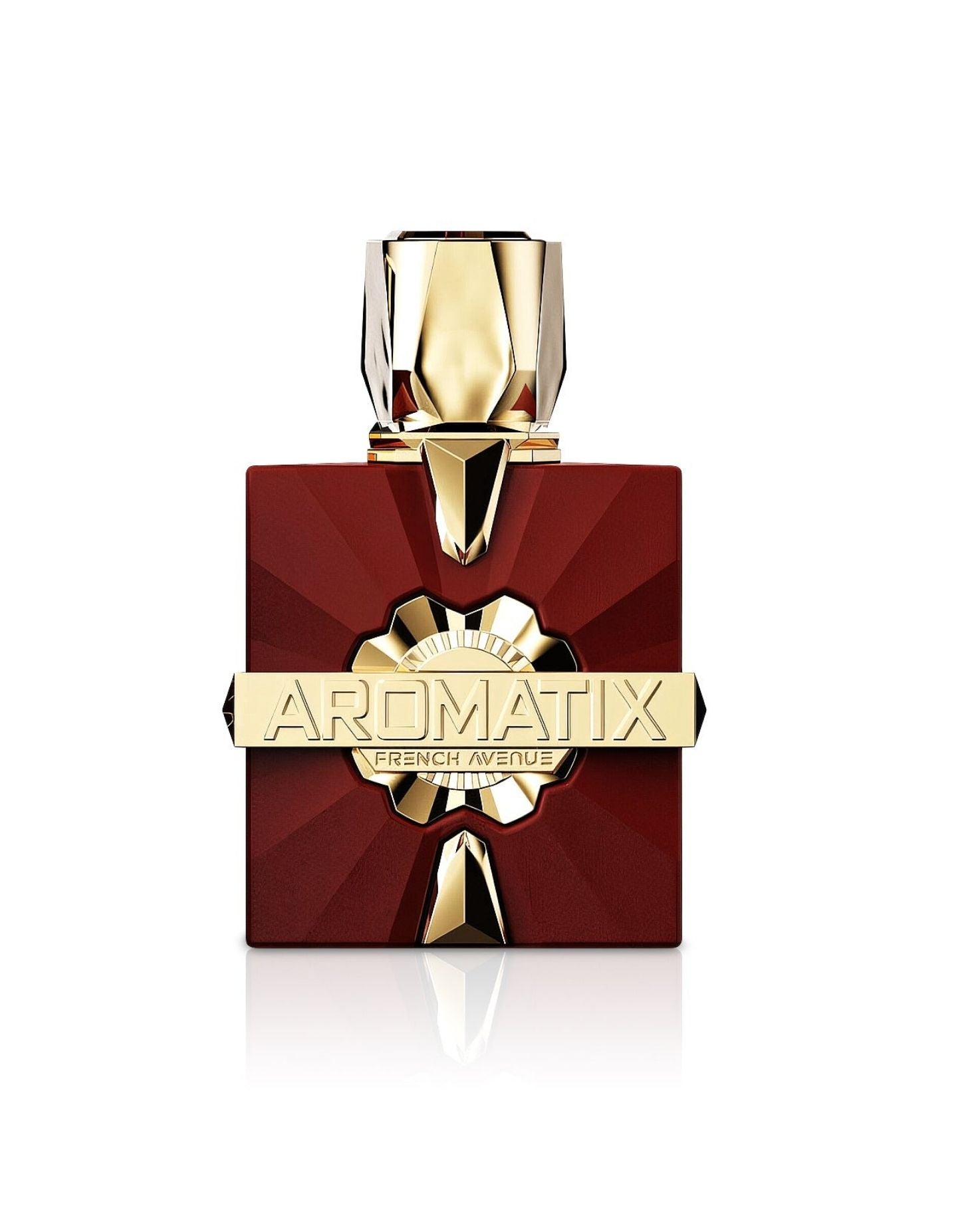 French Avenue Aromatix Carnal Desire ExDP perfume in a deep red square bottle with a faceted gold cap and sunburst design.