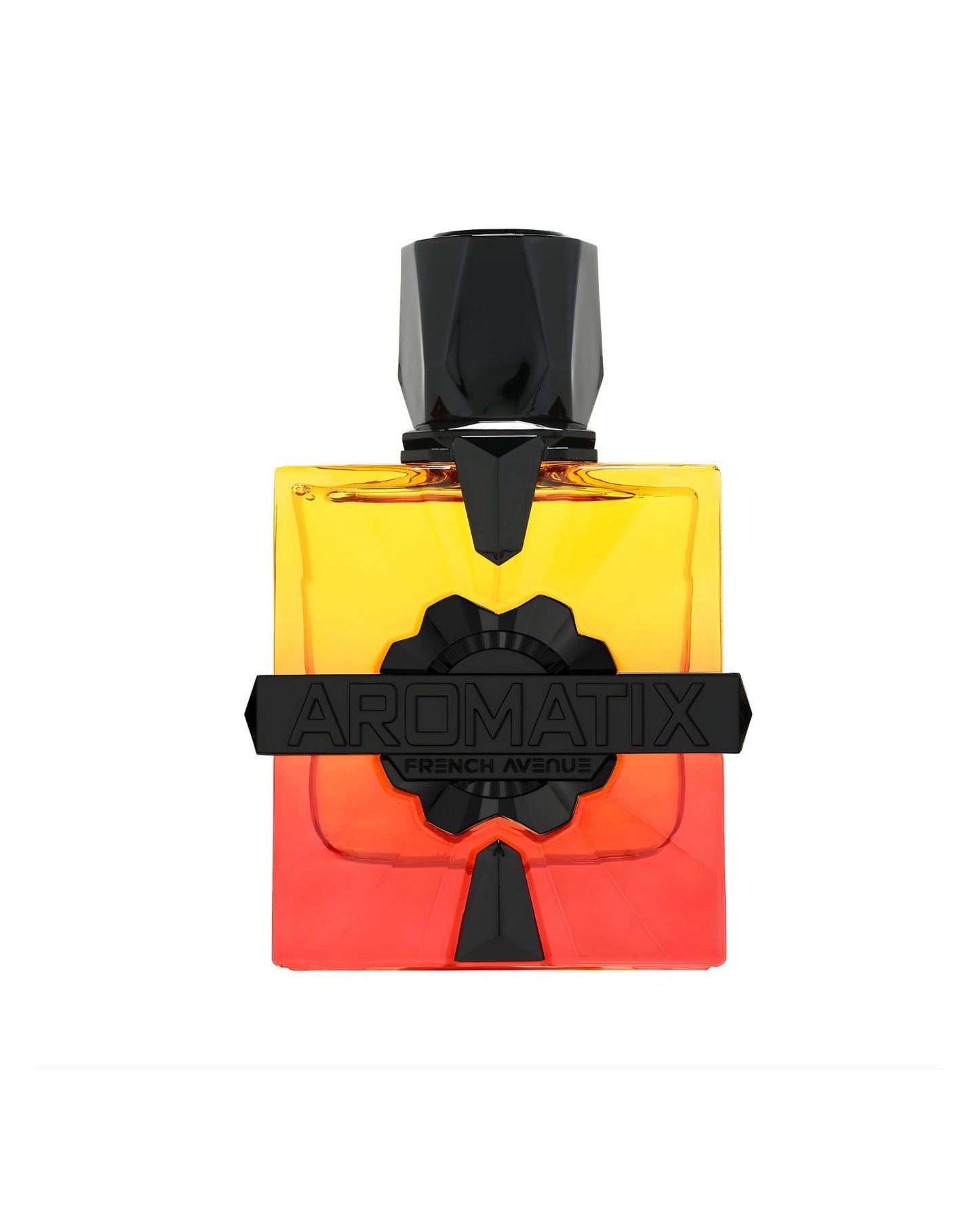 Front view of French Avenue Aromatix Forbidden fruit exdp perfume bottle featuring a yellow and red gradient glass design with a black geometric cap and logo.