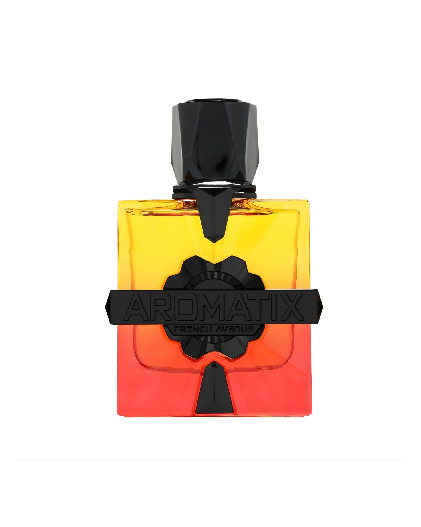 Front view of French Avenue Aromatix Forbidden fruit exdp perfume bottle featuring a yellow and red gradient glass design with a black geometric cap and logo.