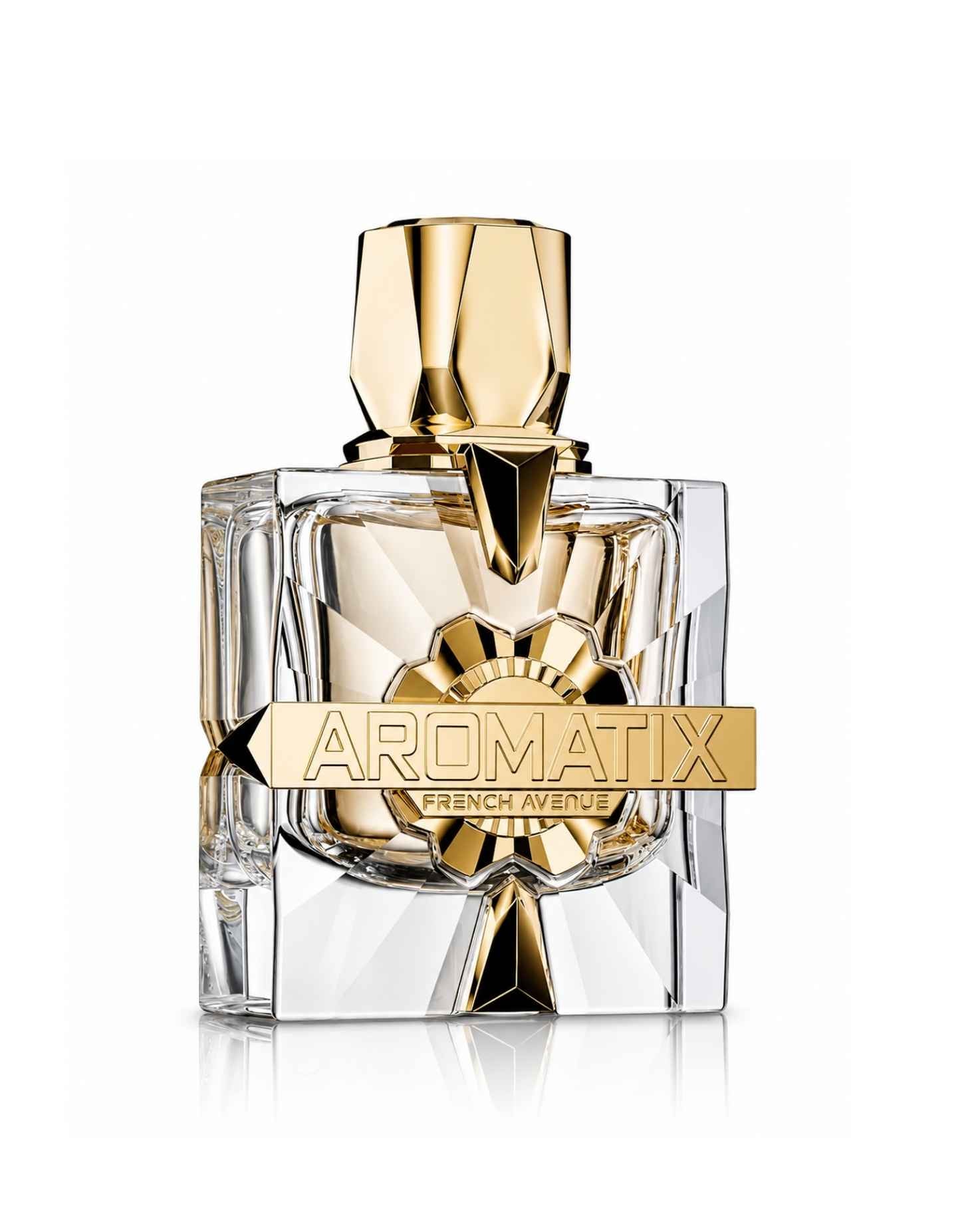 A luxury clear glass perfume bottle of Aromatix X XANDAL by French Avenue with a geometric gold cap and gold emblem.