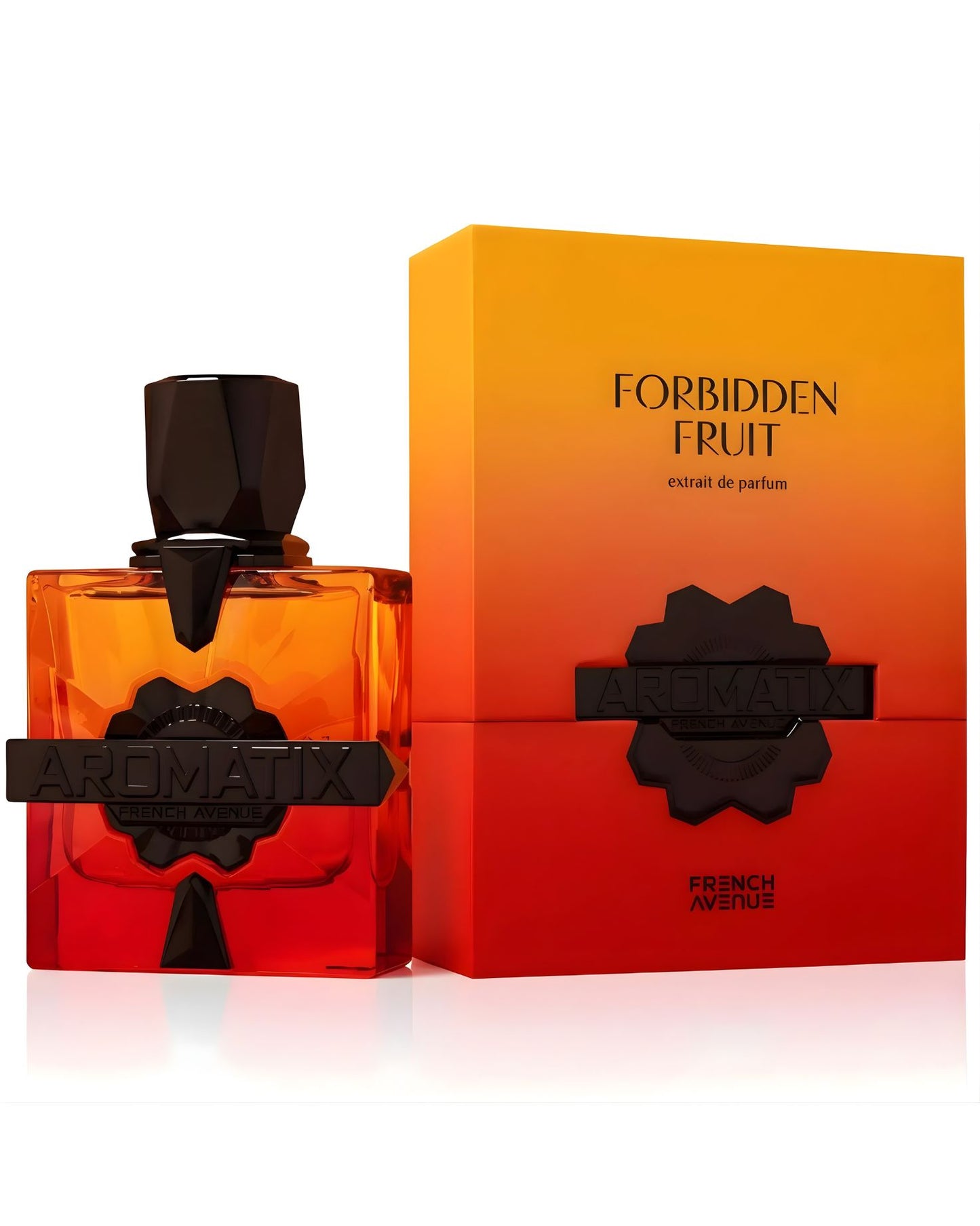 French Avenue Aromatix Forbidden Fruit Extrait de Parfum bottle and box with a red and orange sunset gradient design.