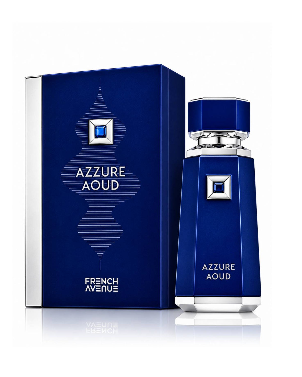 French Avenue Azzure Aoud Eau de Parfum royal blue geometric bottle presented next to its matching dark blue packaging box on a white background.
