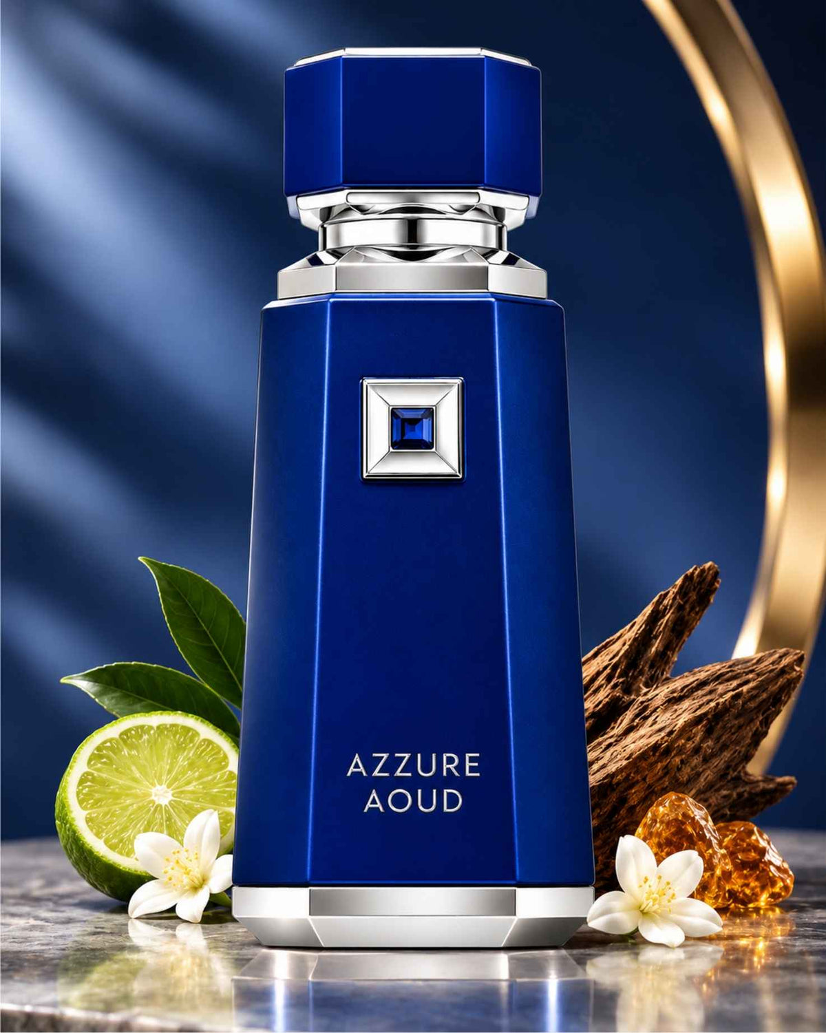 French Avenue Azzure Aoud Eau de Parfum bottle surrounded by sliced lime, white blossoms, agarwood pieces, and amber resin crystals on a reflective surface.