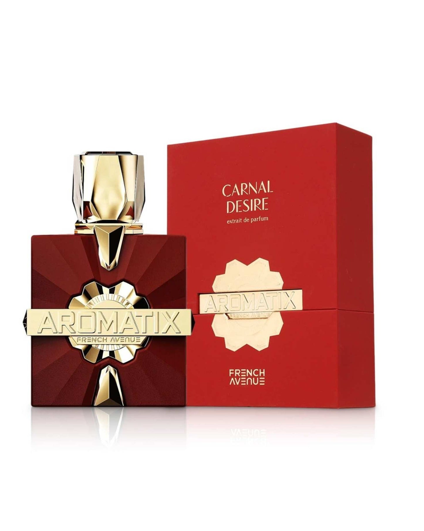 Carnal Desire Extrait de Parfum by French Avenue Aromatix, featuring a deep red sunburst bottle and matching luxury packaging.
