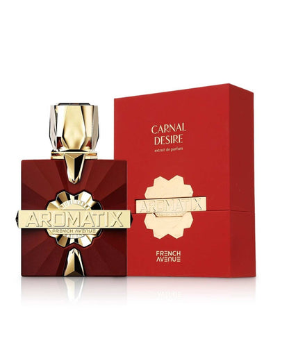 Carnal Desire Extrait de Parfum by French Avenue Aromatix, featuring a deep red sunburst bottle and matching luxury packaging.