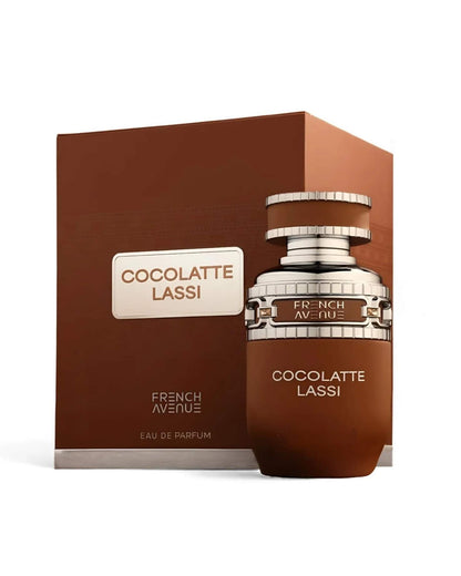 Luxury gourmand fragrance Cocolatte Lassi by French Avenue, featuring a brown matte perfume bottle and retail packaging
