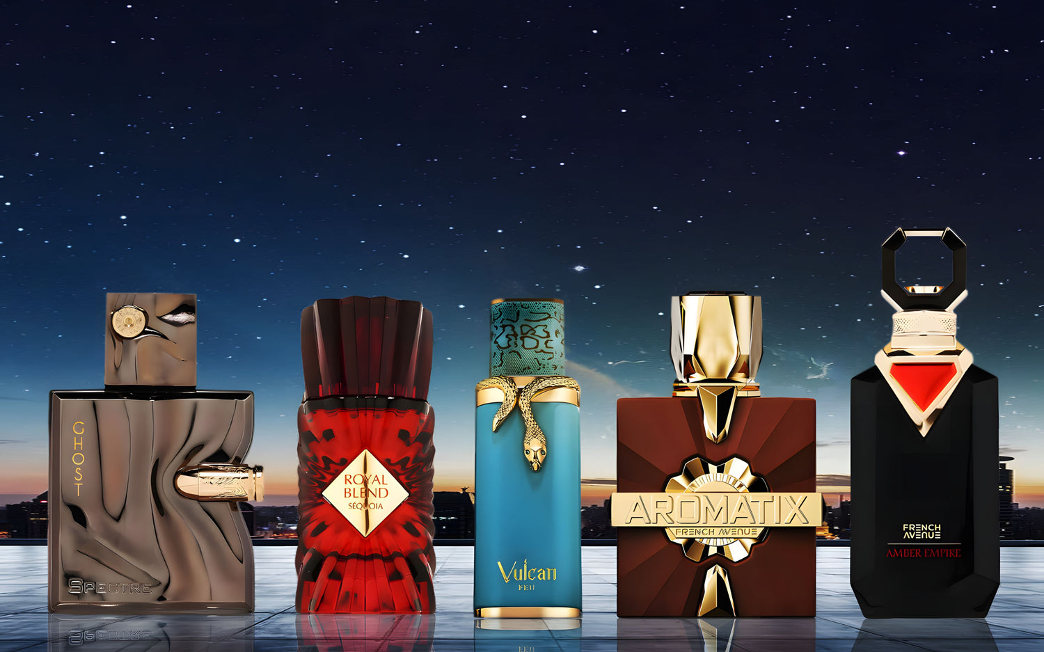 A luxury collection of French Avenue perfumes including Spectre Ghost, Royal Blend, Vulcan, and Aromatix displayed against a starry night city skyline background.