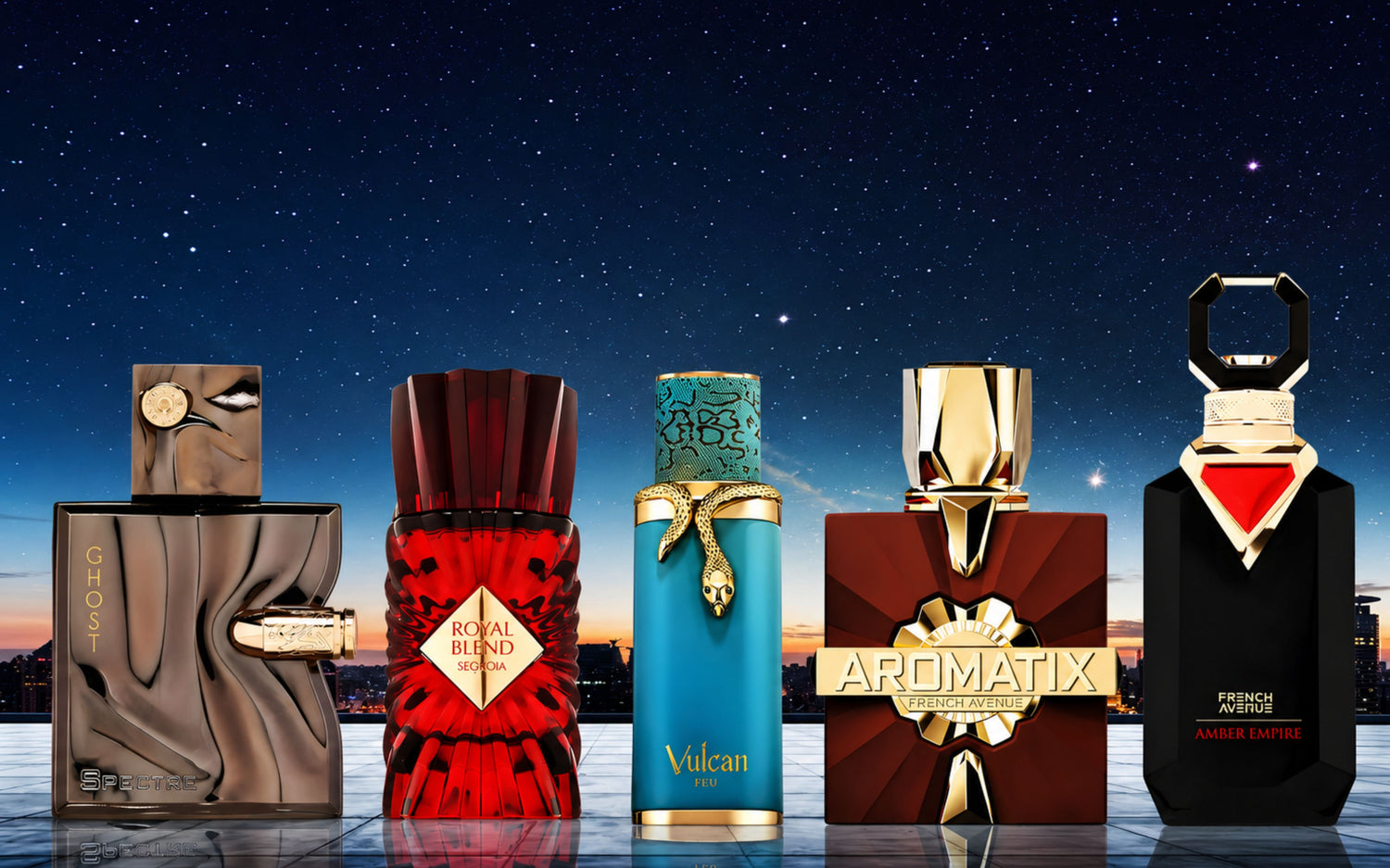 A lineup of five luxury French Avenue and Fragrance World perfume bottles, including Spectre Ghost, Royal Blend Sequoia, Vulcan Feu, Aromatix, and Amber Empire, set against a starry night sky background.