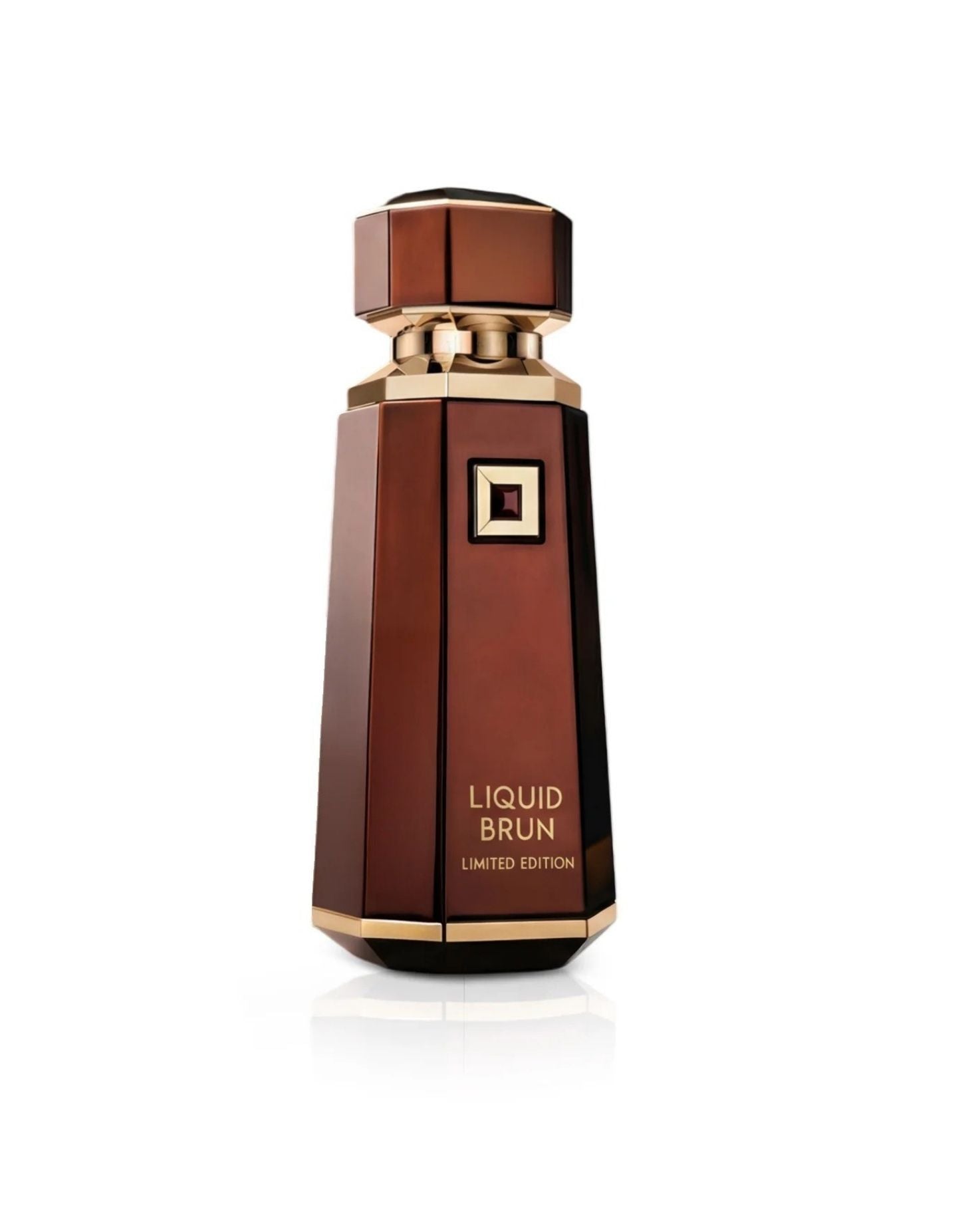 A sleek, dark amber octagonal bottle of Liquid Brun Limited Edition perfume by FRENCH AVENUE with gold accents.
