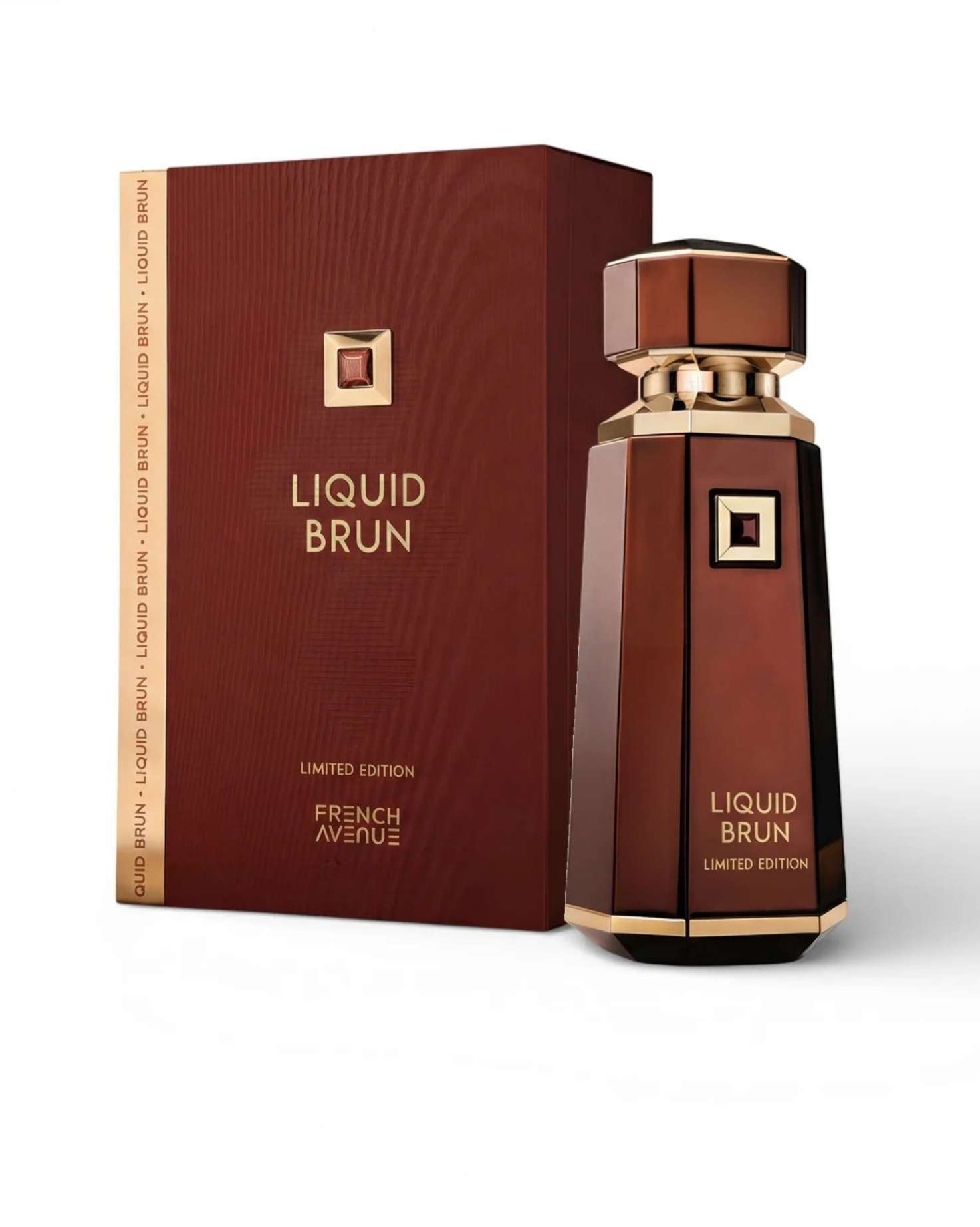 Liquid Brun Limited Edition perfume bottle by French Avenue, featuring a dark amber octagonal glass bottle standing next to its matching luxury textured wood-grain box.