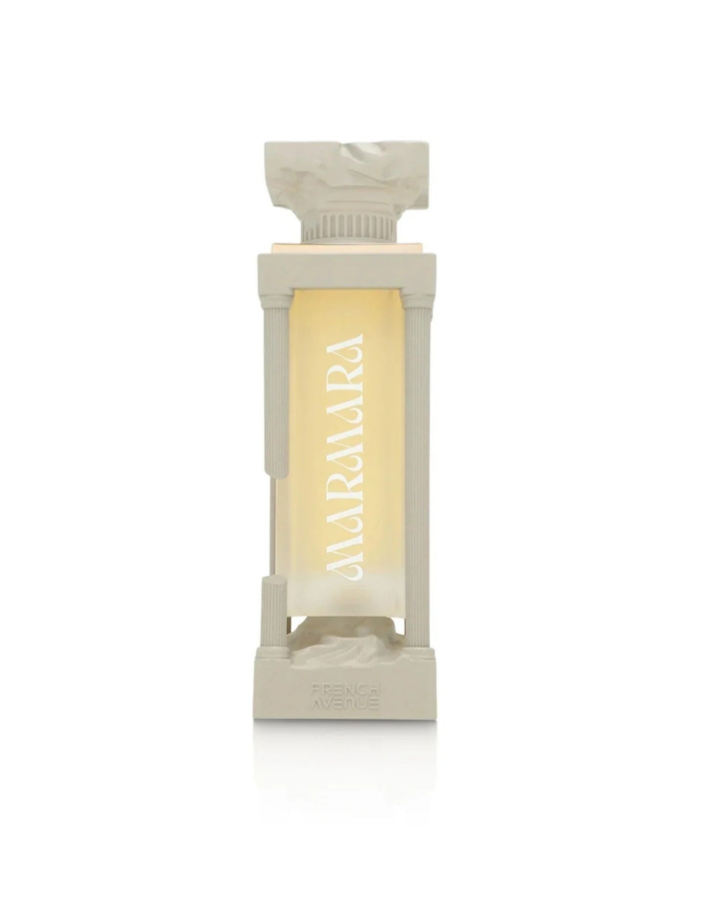 Marmara Extrait de parfum by French Avenue, featuring a luxury white classical column-shaped bottle design with glowing golden fragrance liquid.