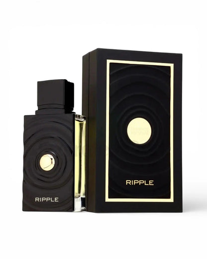 Ripple edp by french avenuev luxury fragrance bottle and branded packaging box display, showcasing the textured black design and elegant gold accents against a white background.