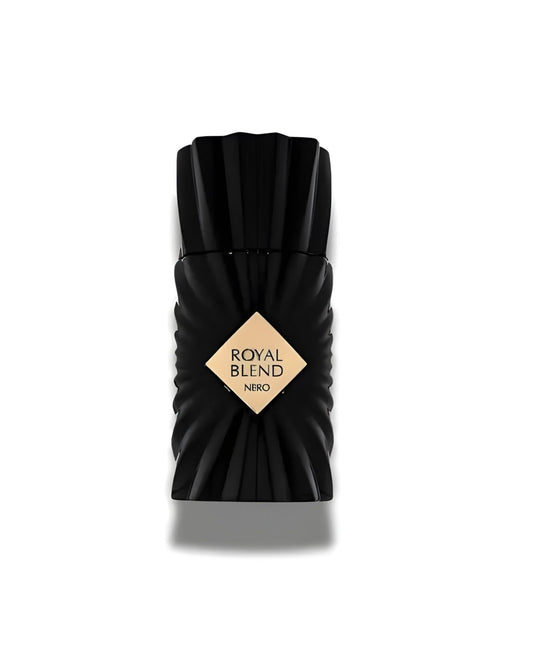 french avenue Royal Blend Nero exdp in a textured matte black designer bottle with a gold diamond-shaped label.
