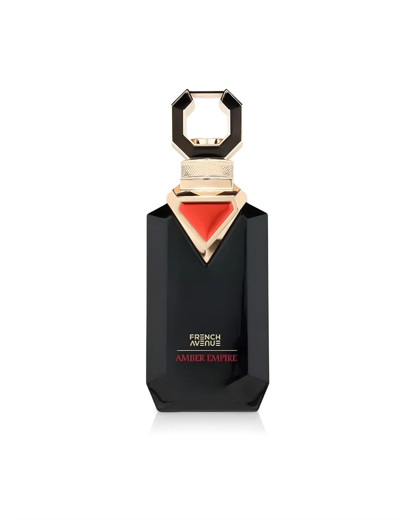 A black, faceted perfume bottle with a bold, golden geometric cap and an inverted red triangle design below the neck. The label reads 'FRENCH AVENUE AMBER EMPIRE' in white and red text, isolated against a white background.