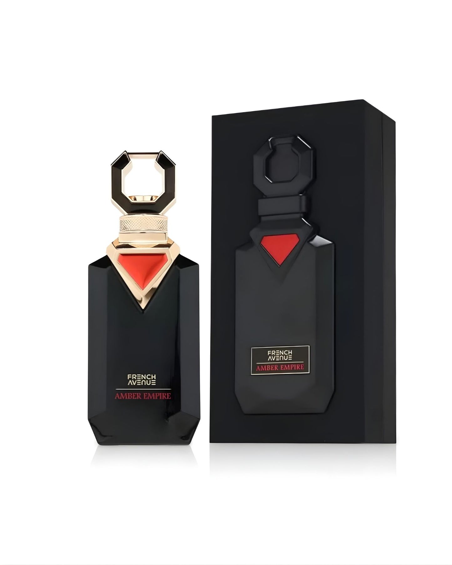 The French Avenue 'Amber Empire' perfume bottle, black and faceted with a gold geometric cap, stands next to its black presentation box. The box features an embossed silhouette of the bottle on its front, and both items display the red triangular accent.