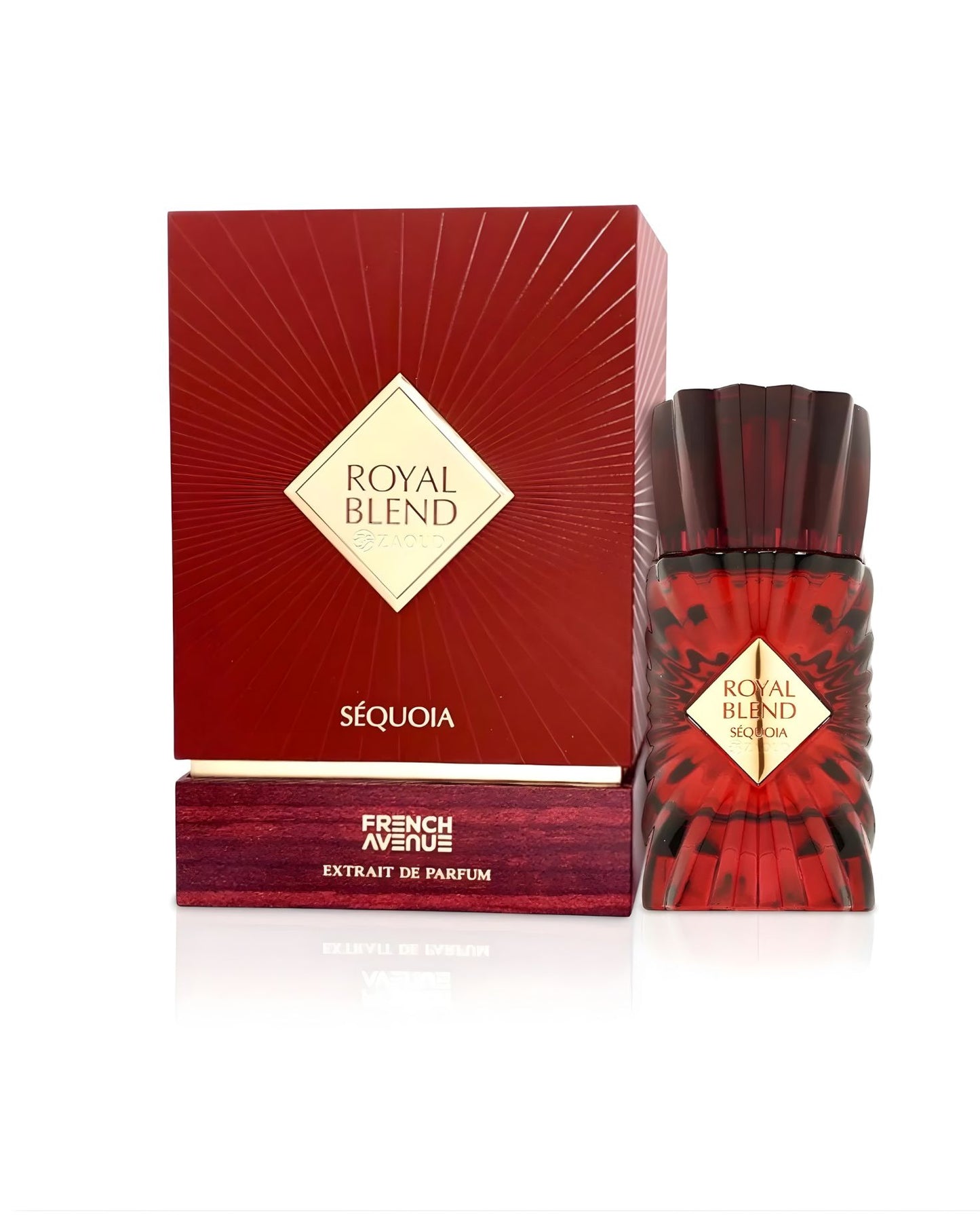 French Avenue Royal Blend Sequoia Extrait de Parfum bottle and red box, presented on a white background. The bottle is a textured red and black pattern with a matching red cap. The box is a deep red color with sunburst lines radiating from a central diamond-shaped label reading "ROYAL BLEND SÉQUOIA".