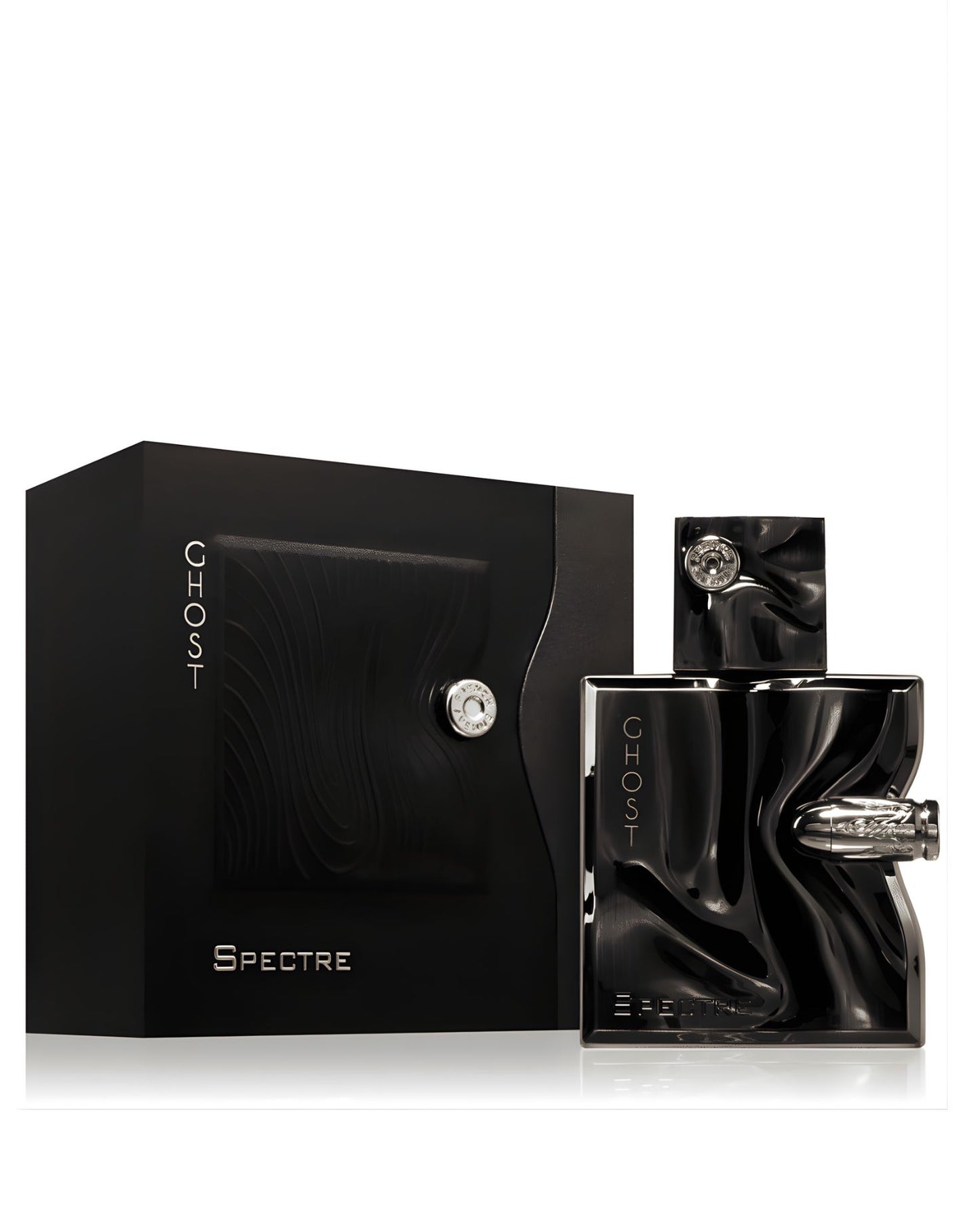 The Ghost Spectre Eau de Parfum set, showing the glossy black bottle with an embedded silver bullet next to its matte black box, which has a deeply textured, wavy pattern on the front panel.