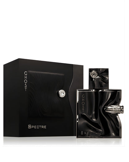The Ghost Spectre Eau de Parfum set, showing the glossy black bottle with an embedded silver bullet next to its matte black box, which has a deeply textured, wavy pattern on the front panel.
