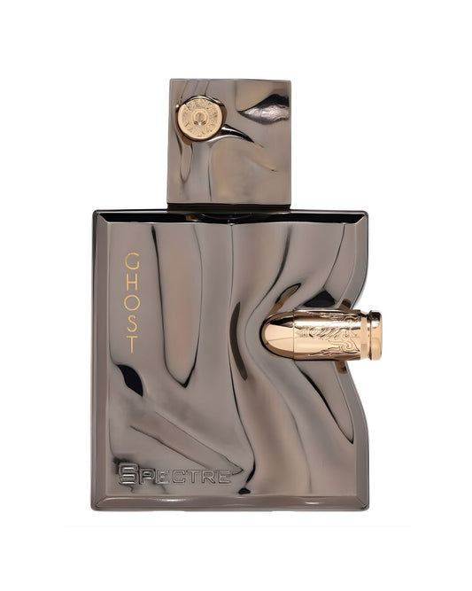 A rectangular perfume bottle labeled "Ghost Spectre," featuring a reflective, wavy gunmetal chrome finish and a gold-colored bullet embedded in the side, against a white background.